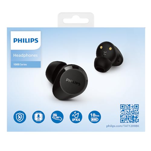 Philips TAT1209BK True Wireless Bluetooth Earbuds, IPX4, Schwarz