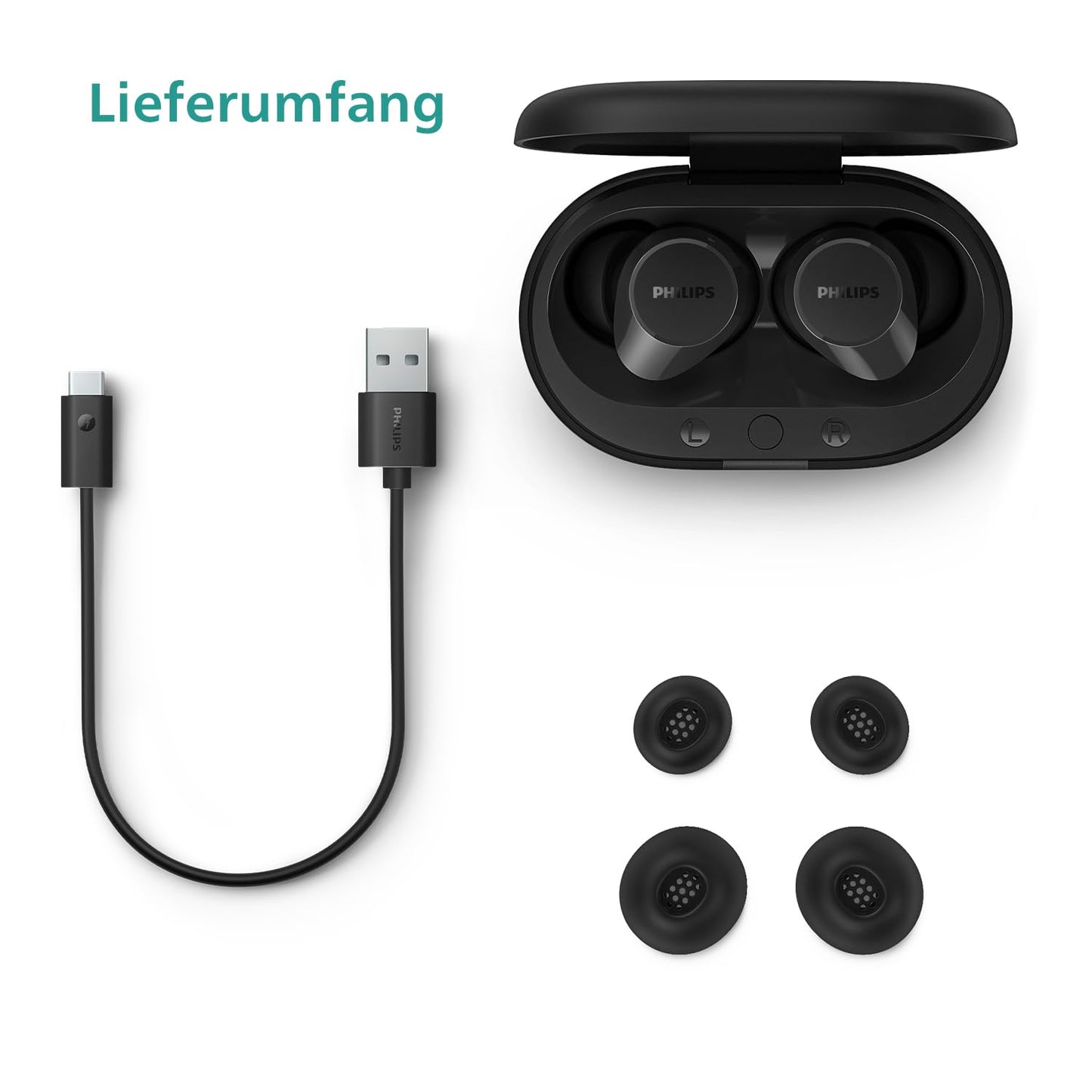 Philips TAT1209BK True Wireless Bluetooth Earbuds, IPX4, Schwarz