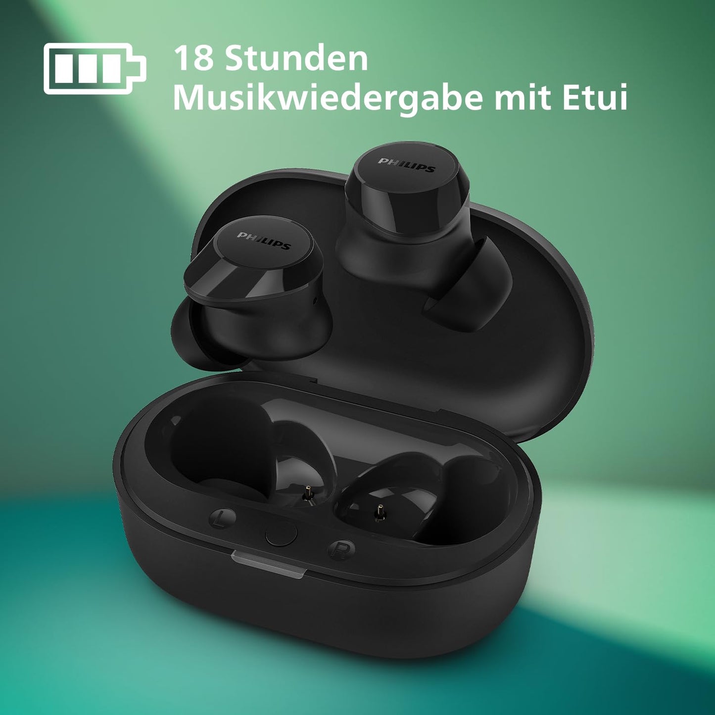 Philips TAT1209BK True Wireless Bluetooth Earbuds, IPX4, Schwarz