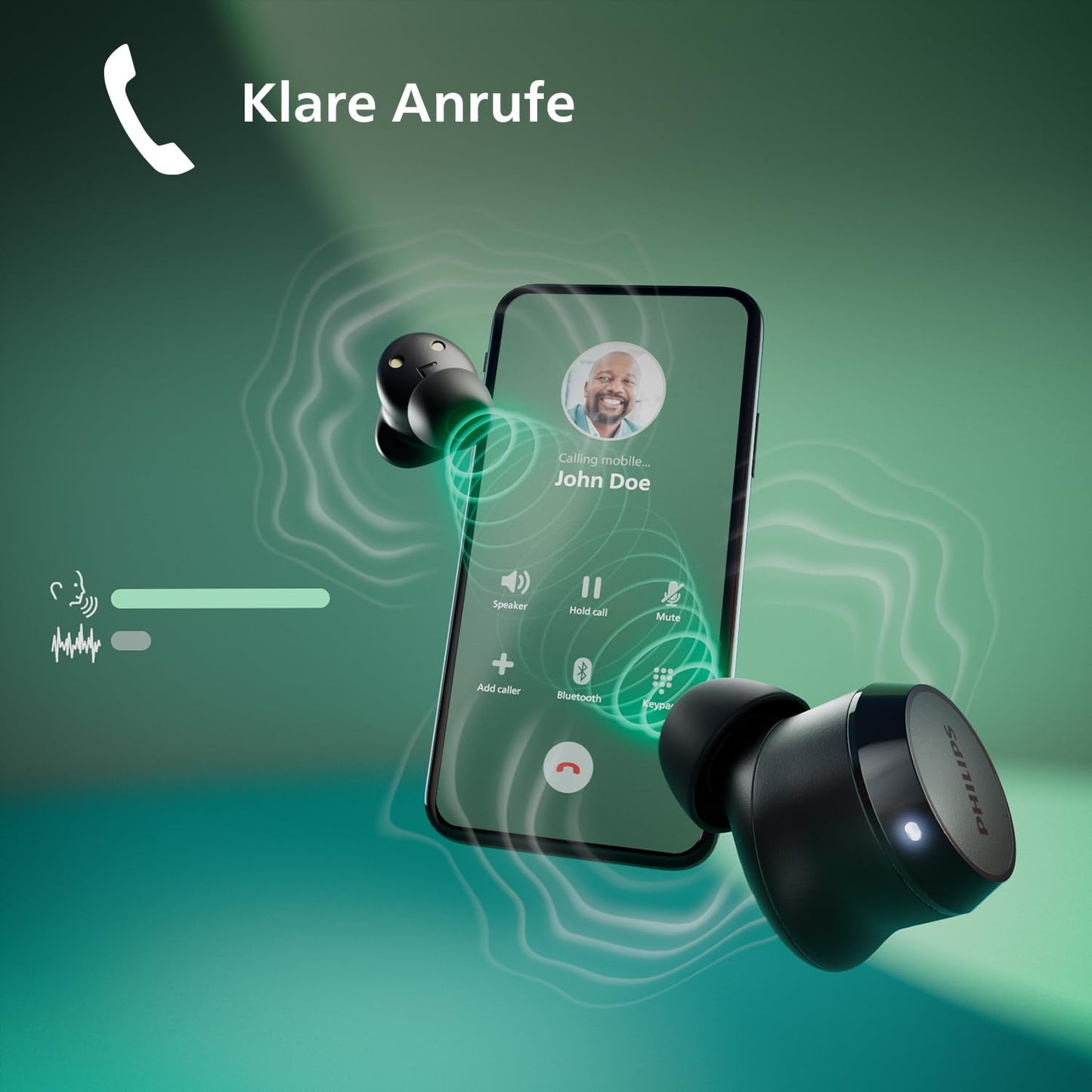 Philips TAT1209BK True Wireless Bluetooth Earbuds, IPX4, Schwarz