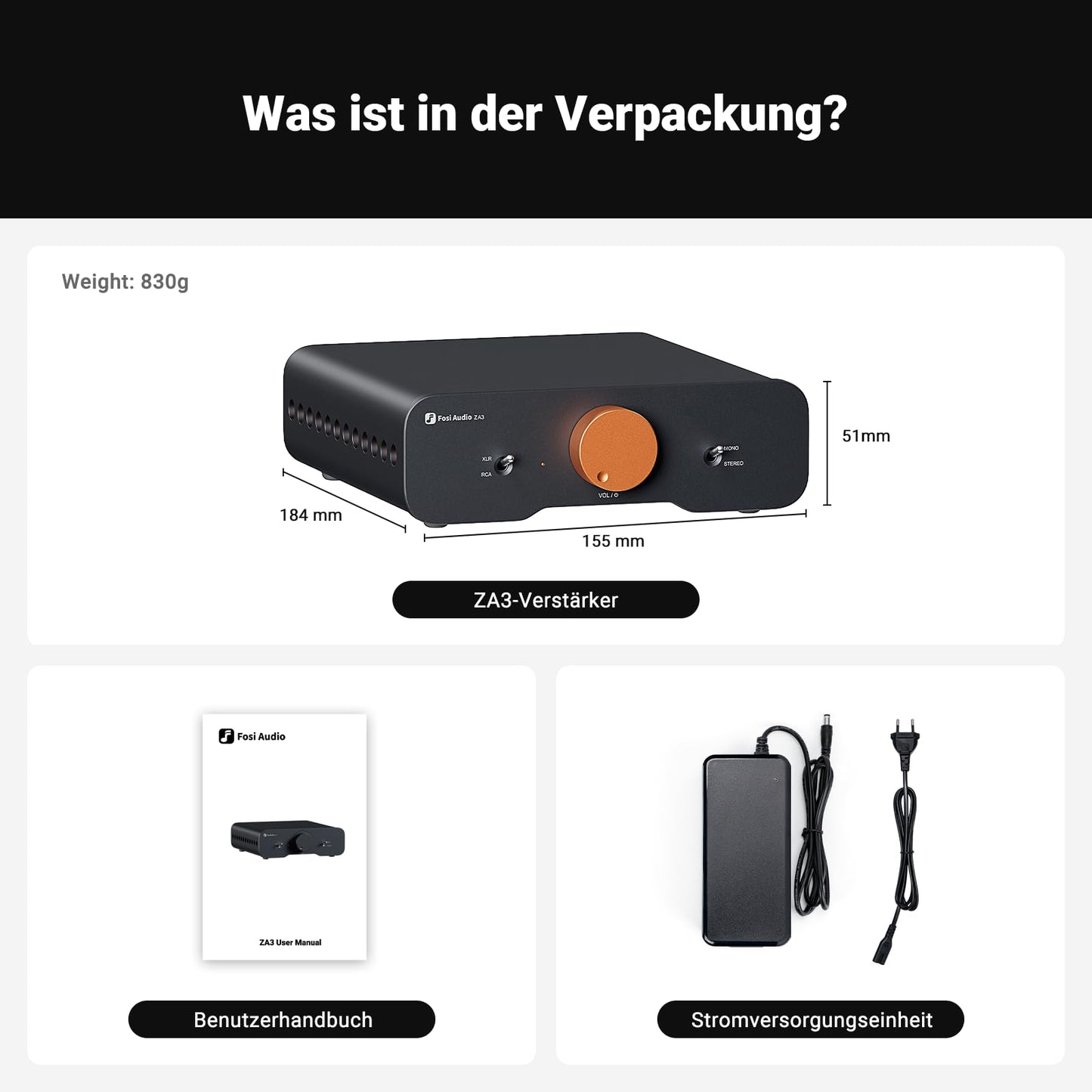 Fosi Audio ZA3 Mini HiFi Verstärker, Stereo/Mono, mit TPA3255 Chip, XLR-Eingänge