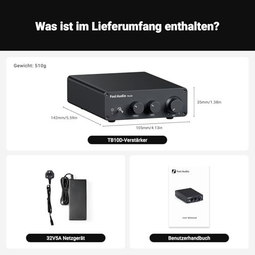 Fosi Audio TB10D Mini HiFi Verstärker Klasse D, 600W, TPA3255 Chip, mit Höhen- und Bassregelung