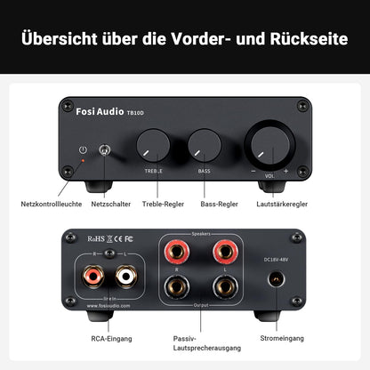 Fosi Audio TB10D Mini HiFi Verstärker Klasse D, 600W, TPA3255 Chip, mit Höhen- und Bassregelung