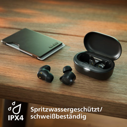 Philips TAT1209BK True Wireless Bluetooth Earbuds, IPX4, Schwarz